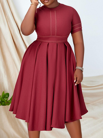 Woochics Robe mi-longue élégante à col ras du cou et couleur unie, grande taille, ceinturée